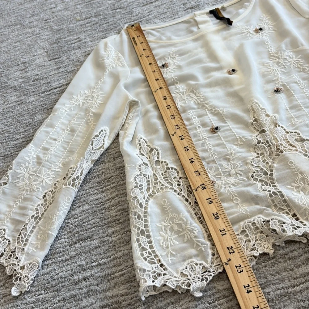 Anthropologie Arrata Silent Journey Sheer Beaded Embroidered Crochet Lace Top M